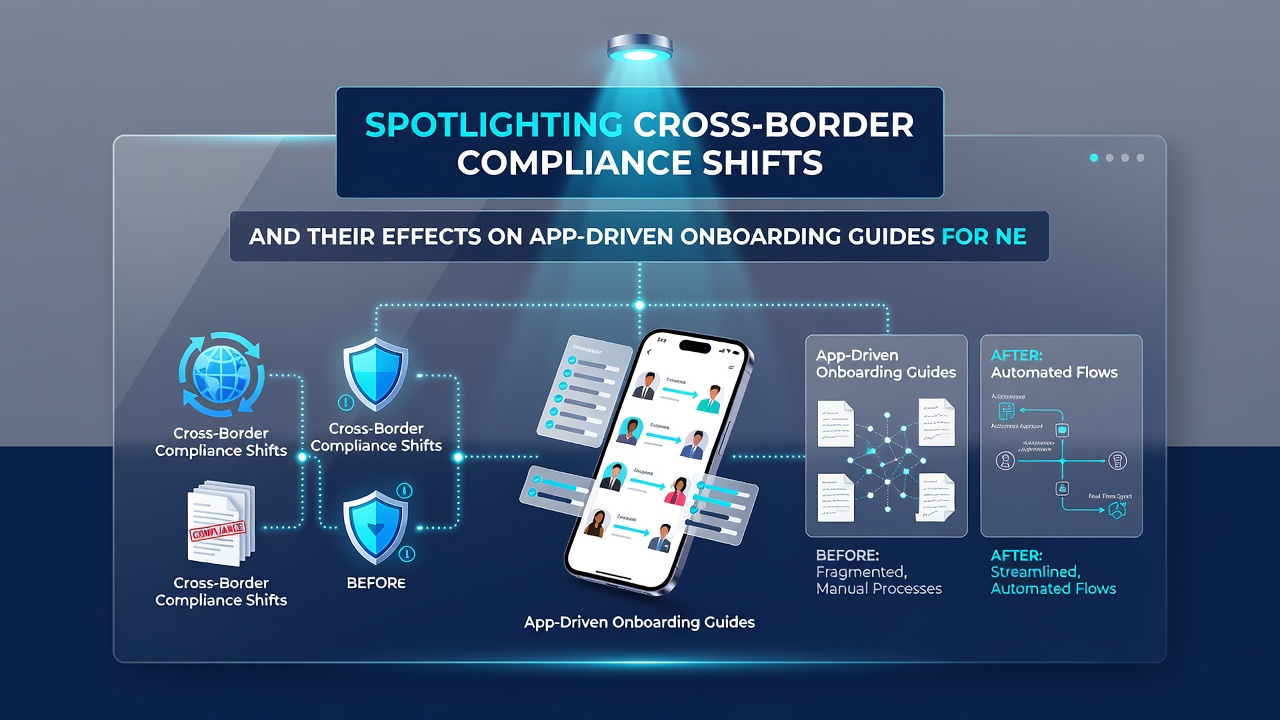 Illustration of mobile app interface elements used in cross-border compliant onboarding for new business entrants